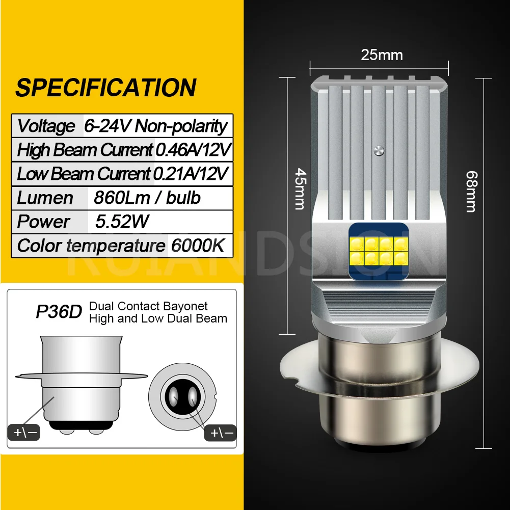 RUIANDSION 1Pcs P36D 6V-24V 12V Headlight Bulb Motorcycle LED Moped Scooter Driving Light 860Lm 2525SMD 6000K White