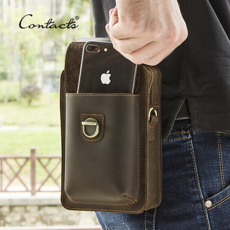 CONTACT'S Genuine Leather Men Waist bag for Cell Phone Vintage Travel male fanny pack metal Buckle Shoulder Bag with card holder