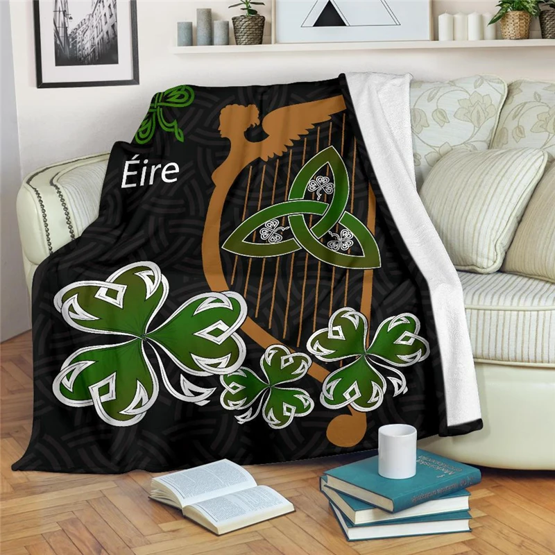 Ireland Harp and Shamrock Throw Blanket Printing Soft Warm Flannel Blankets Airplane Travel Portable Kids Adults Quilts