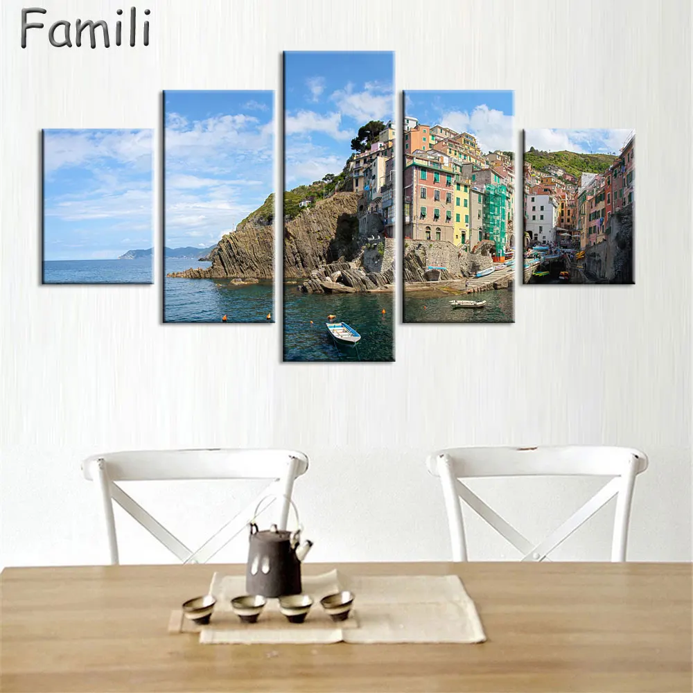 5 Pieces Modern Canvas Painting Wall Art Traditional Port Mediterranean Sea Cinque Terre Italy Coast Landscape Print On Canvas