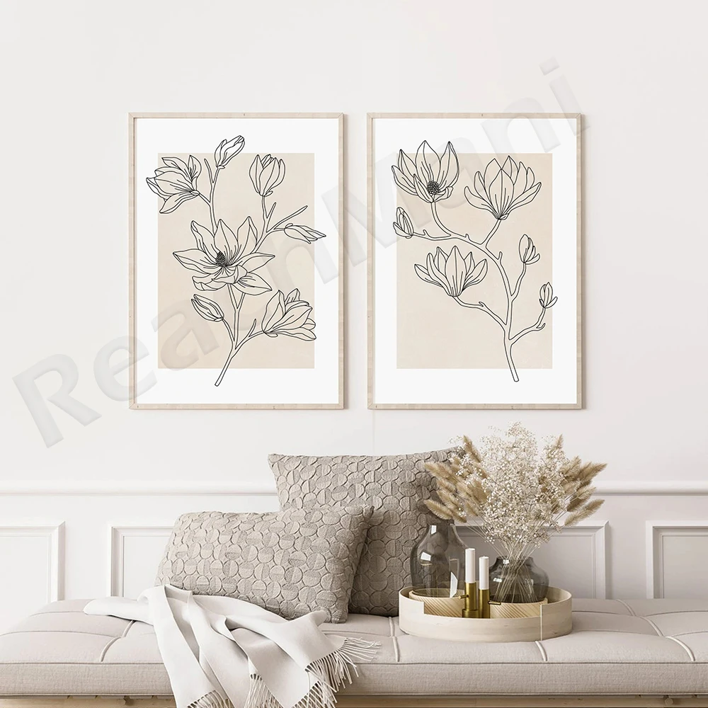 Beige Floral Line Art Print , DIGITAL DOWNLOAD, Minimal Flower Line Drawing, PRINTABLE Wall Art, Neutral Botanical Prints