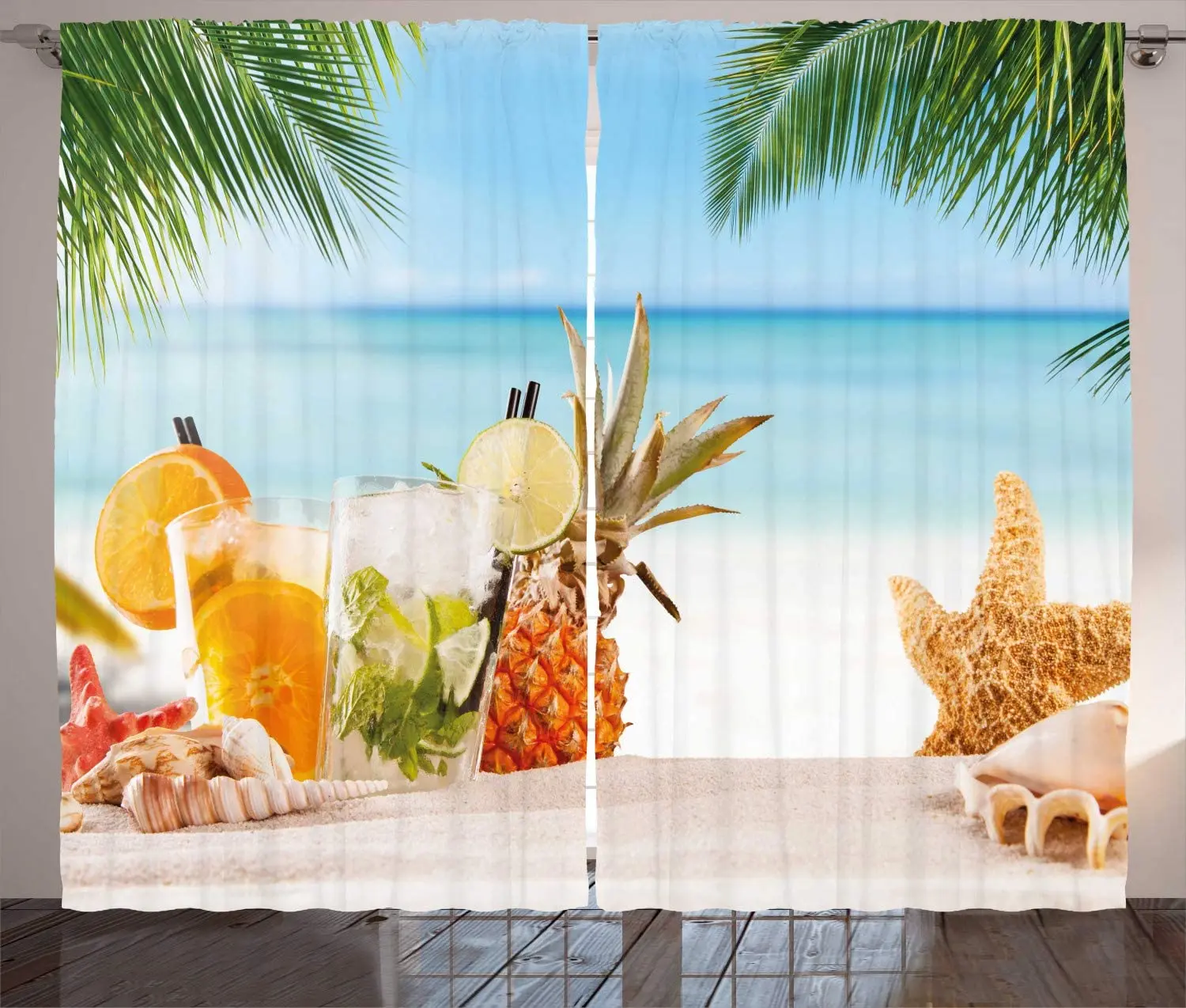 Multicolor Colorful Curtains Summer Season Cocktails Background a Blurry Beach Palm Leaves Print Living Room Window Drapes