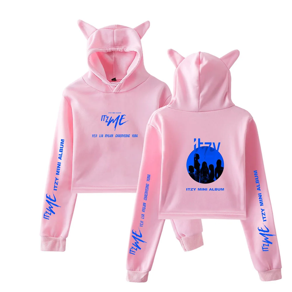 

K POP K-POP KPOP ITZY IT'z Me Album Fans Sexy Navel Hoodie Kawaii Cat Ear Cropped Hooded Sweatshirt Crop Top Clothes Streetwear