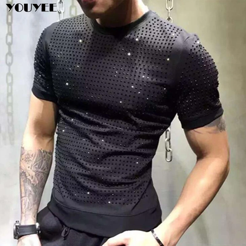 Short Sleeve T-shirt Men\'s Summer Full Diamond Round Neck Large Black Clothes Loose 2024 New Trend Fashion Handsome Especially