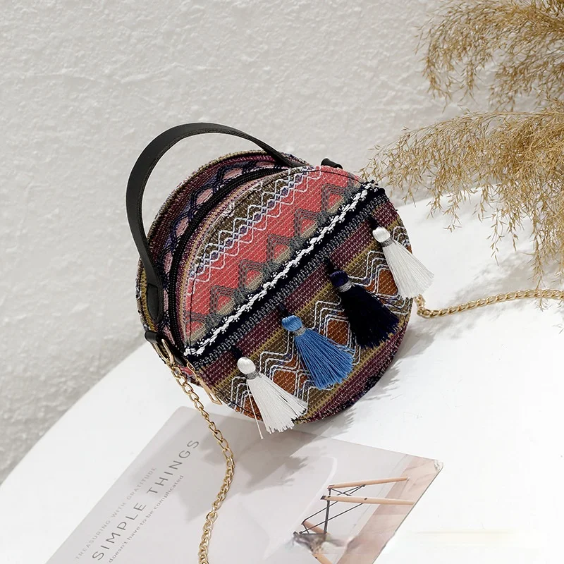 New Trendy Ethnic Style Woolen Cloth Portable Chain Mini Round Bag Fairy Tassel One-shoulder Messenger Bag