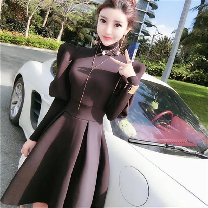 2021 Autumn Winter Puff Long Sleeve Party Dresses For Women Turtleneck Slim A-Line Elegant Woman Red Dress