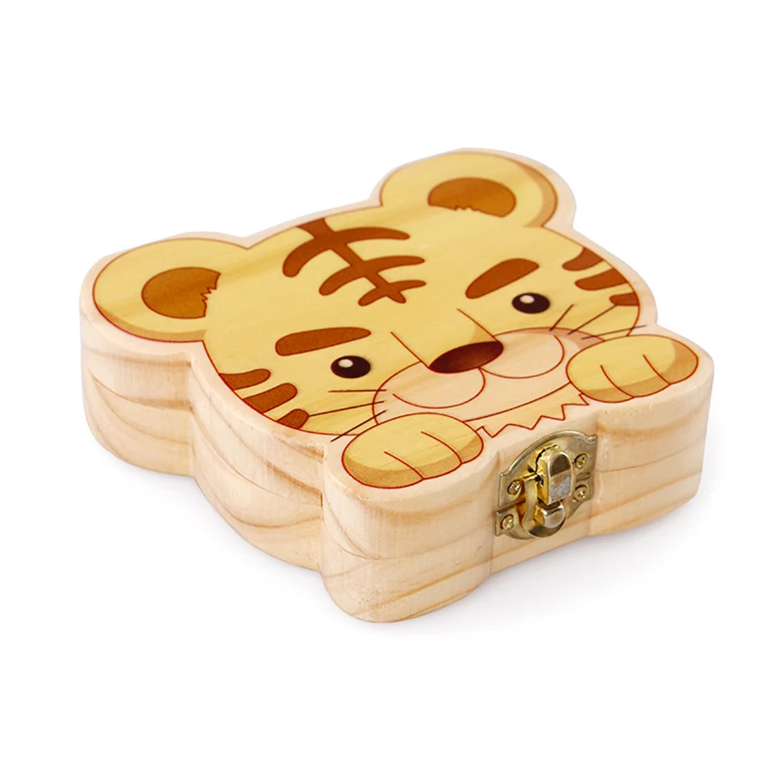 

Naughty Tiger Baby Teeth Keepsake Box Tooth Fairy Holder Wooden First Lost Deciduous Tooth Collection Organizer Storage