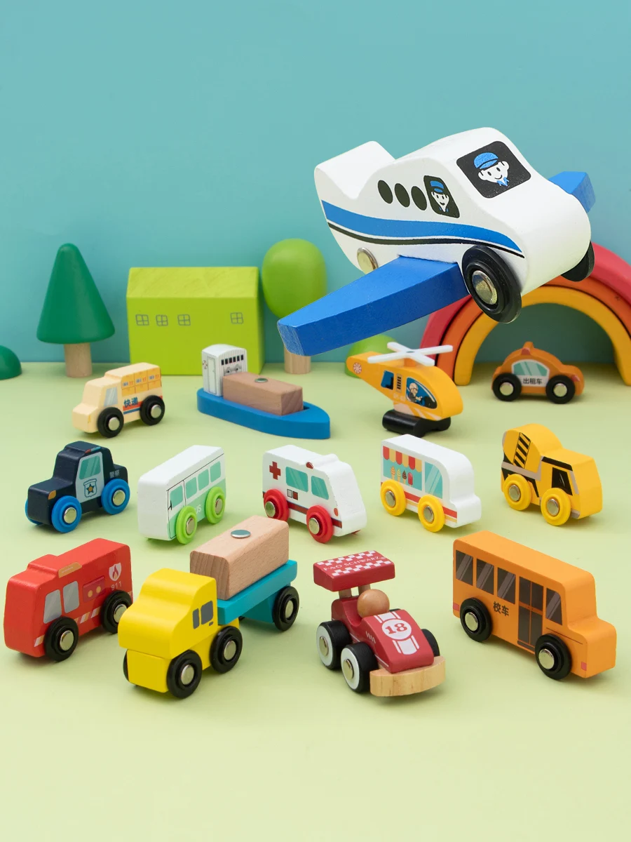 Wooden Railway Track Diecast Car Airplane Toy Wooden Train Track Toys Rail Simulation Inertia Car Educational Children\'s Toy
