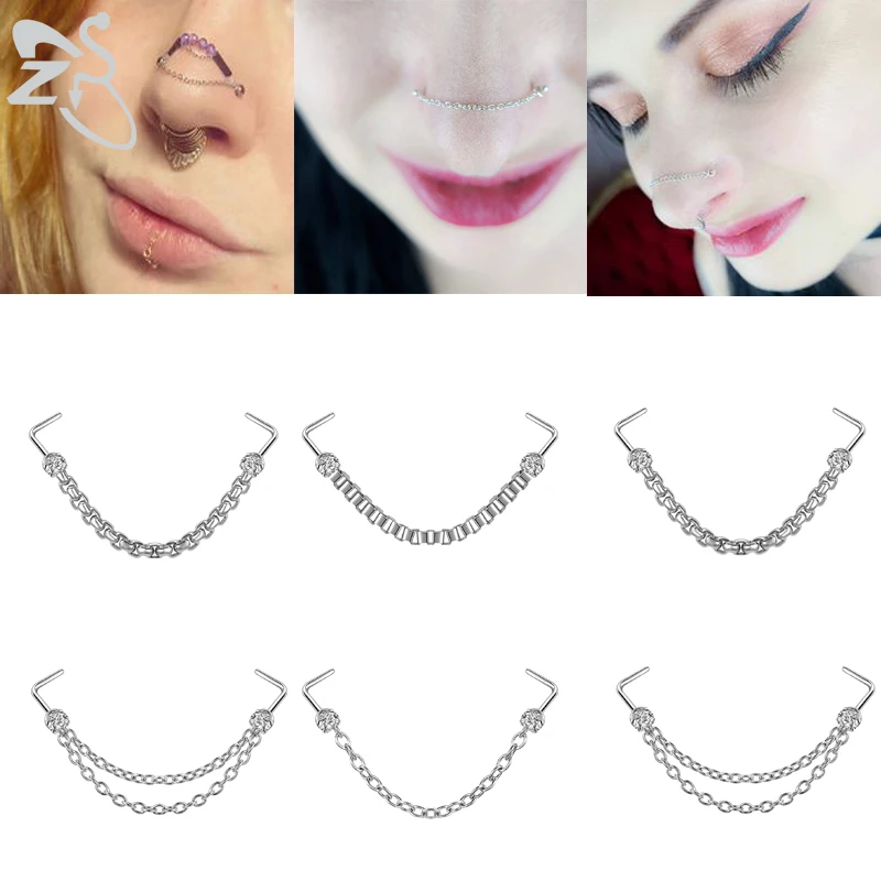

ZS 5-13pcs/Lot Stainless Steel Nostril Piercing Set for Women Girl Silver Plated Double Nose Chain Nose Piercing Body Jewelry