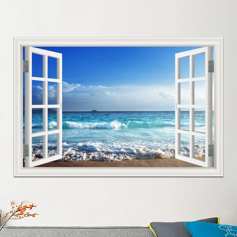 Blue Beach Nature Sky 3D Window View Wall Sticker PVC Sea Landscape Vinyl Decal Room Decor Self-adhesive Wallpaper Picture