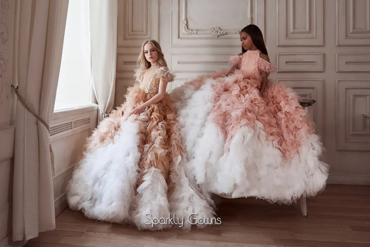 Robe de bal en dentelle perlée à volants pour filles, tenue de spectacle de luxe à plumes, vêtements de cérémonie pour enfants