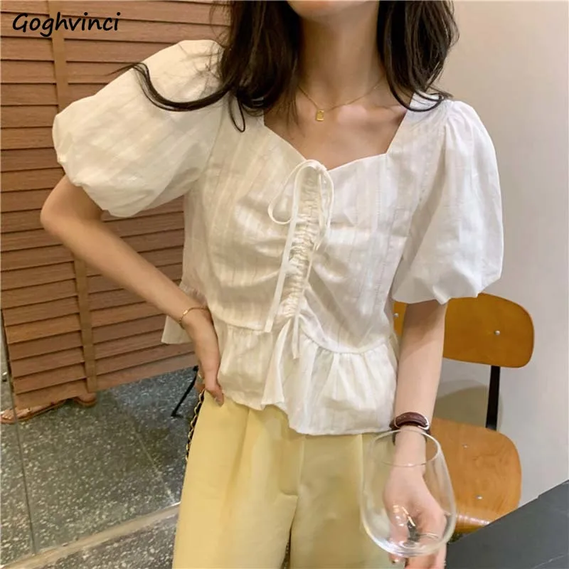 Puff Sleeve V-neck Shirring Blouses Women Solid Fungus Sweet Korean Style Girls Gentle Corp Tops OL Elegant Slim Outwear Trendy