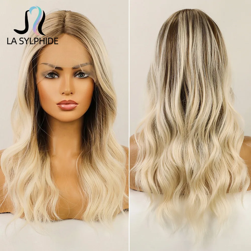 

La Sylphide Synthetic Lace Front Wigs Long Wavy Root Brown Ombre Blonde Lace Wig Middle Part for Women Nature Hair for Daily