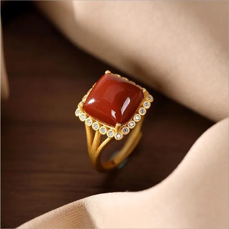 Natural Khotan jade  sNew silver inlaid  crystal geometric ring Chinese retro hollow opening adjustable female brand jewelry