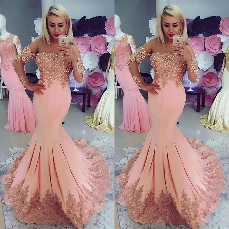 2021 Arabisch Midden-oosten Roze Avondjurk Illusion Lange Mouwen Kant Applicaties Parels Mermaid Prom Gown Vestidos