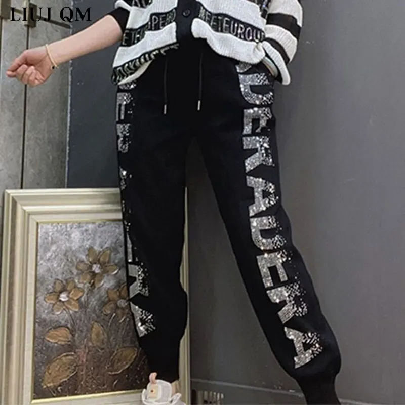 2024 Autumn New Loose High-waist Knitted Pants Women Heavy Industry Letters Hot Drilling Casual Trousers High Harem Pants