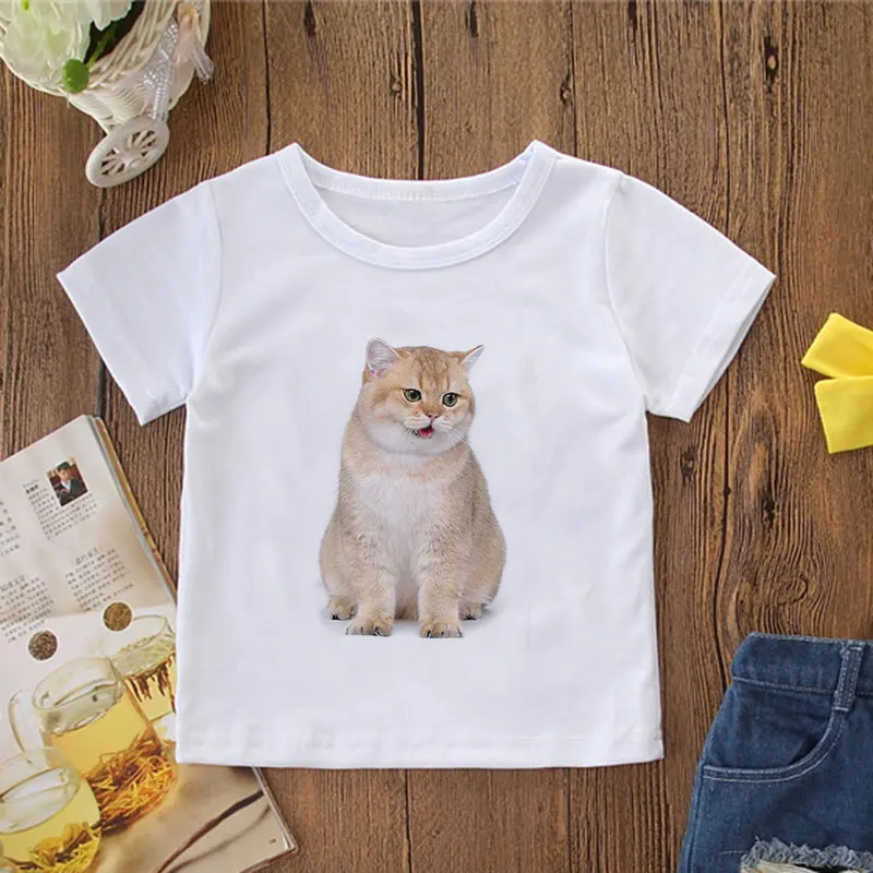 

Summer Animal Print Children's Short Sleeve Lovely T-shirt Little Girl White T-shirt Kids Fashion Clothing T-shirt Boys Cute Cat