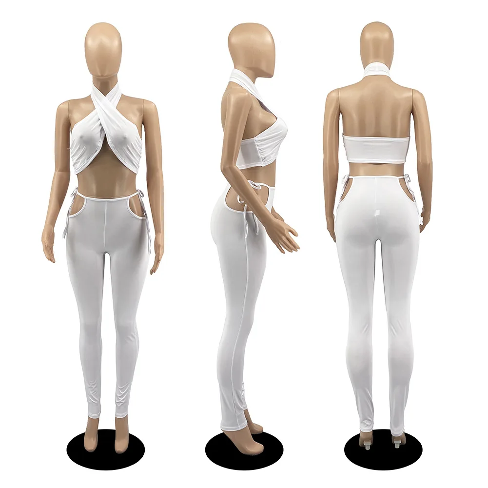 Sexy Summer Two Piece Set Women Solid Cross Halter Backless Bra Tank Tops Legging Pant Party Club Matching Set Outfit Tracksuit
