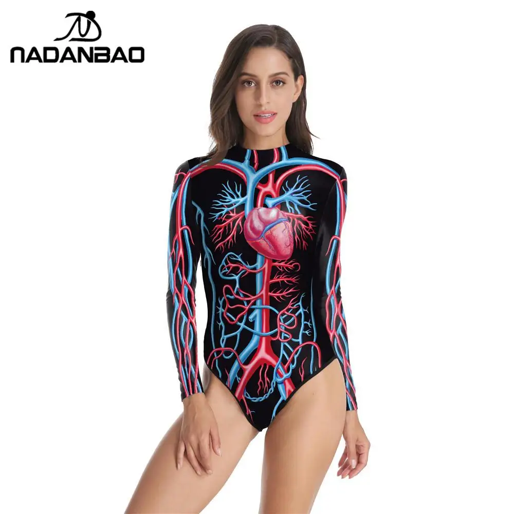 NADANBAO Swimsuit Women Long Sleeve Halloween Sexy One Piece Swimsuit Printed Sport Swimwear Beach Party Swimming Suit