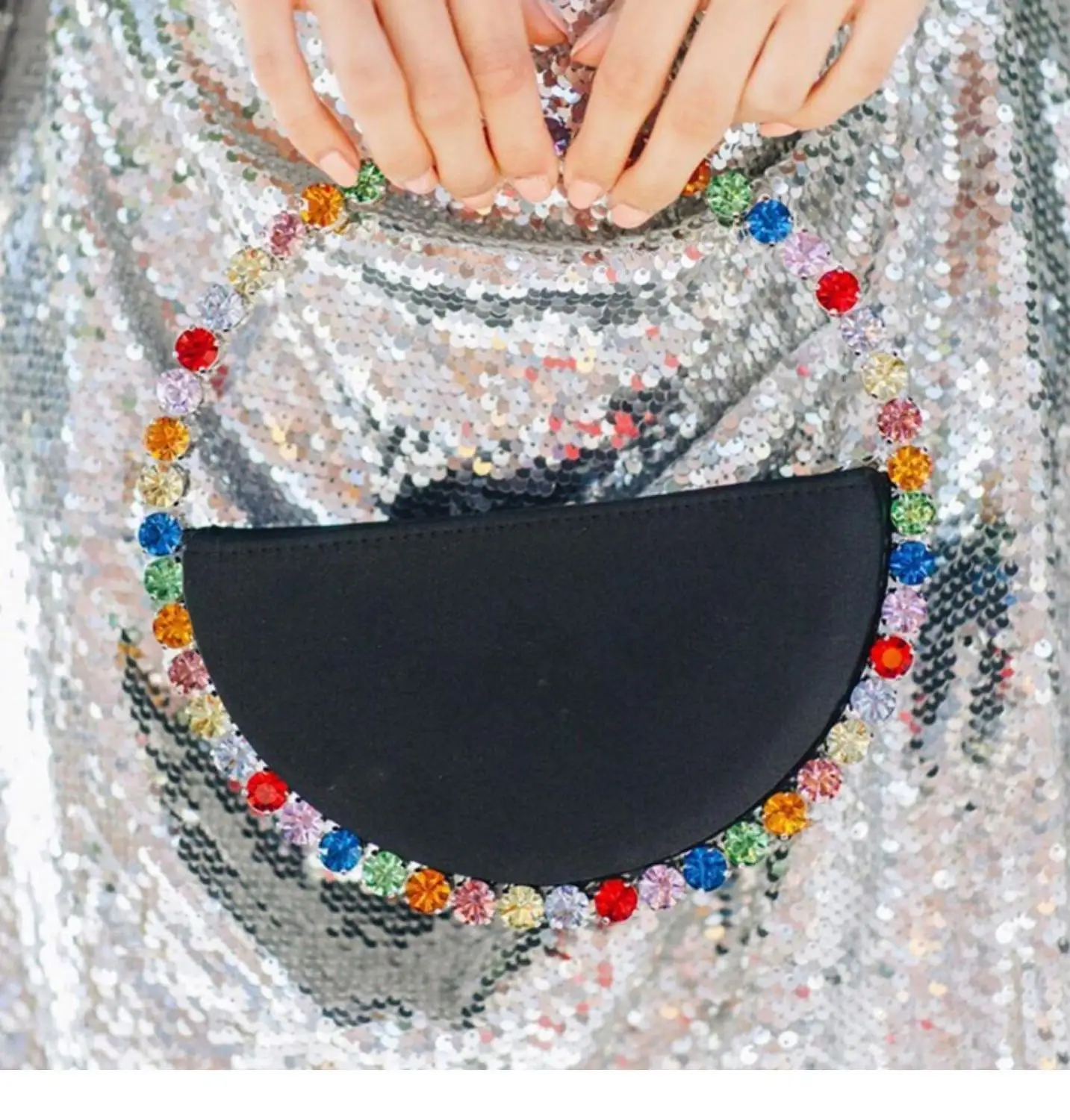 Bolso de noche Circular con diamantes de imitación para mujer, cartera de mano con asa redonda, media luna, 2020