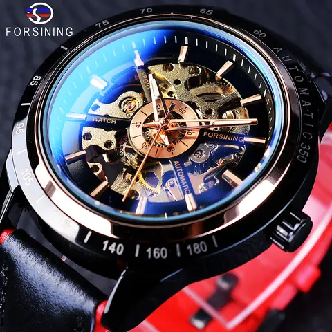 Men's Skeleton Automatic Watch Black Leather FORSINING