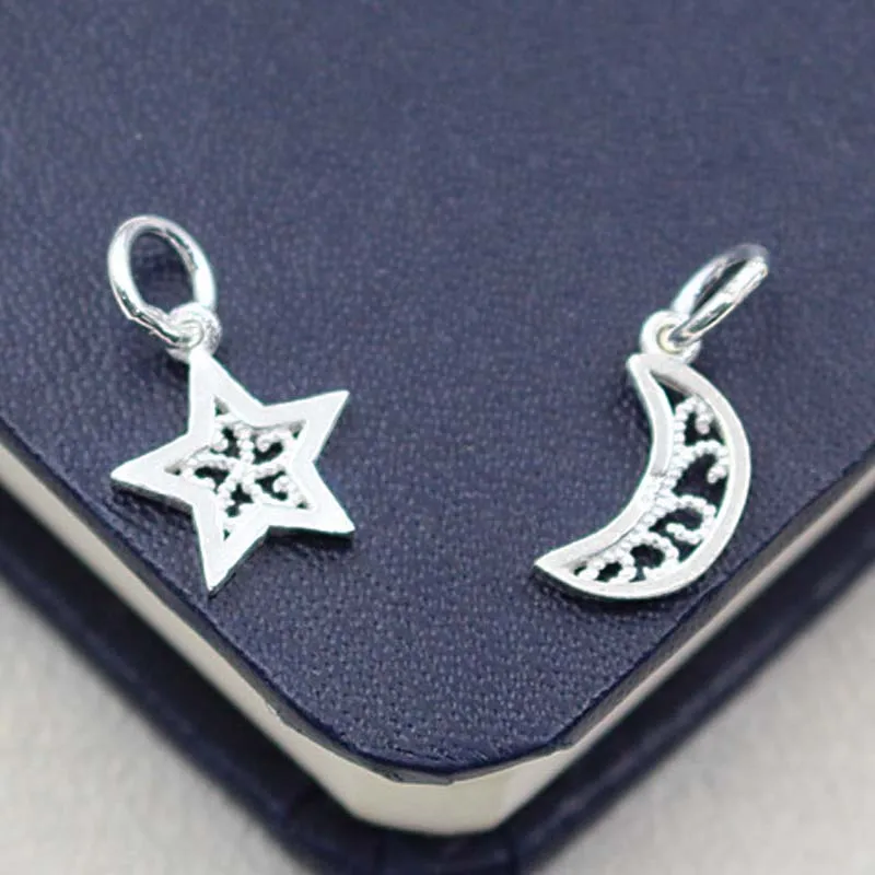 Genuine Real Pure Solid 925 Sterling Silver Star Moon Pendant Suspension Necklace Bracelet  Jewelry Making Findings Charms