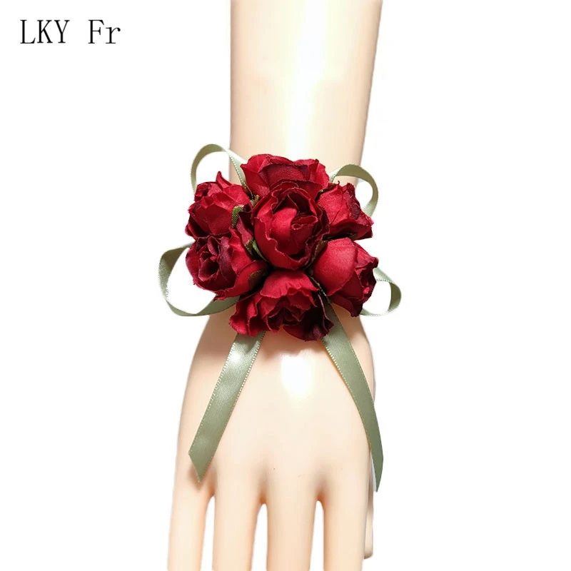 LKY Fr Corsage Wedding Bracelet Bridesmaids Flowers on Hand Artificial Silk Roses Red Wrist Corsage Bridal Accessory Boutonniere