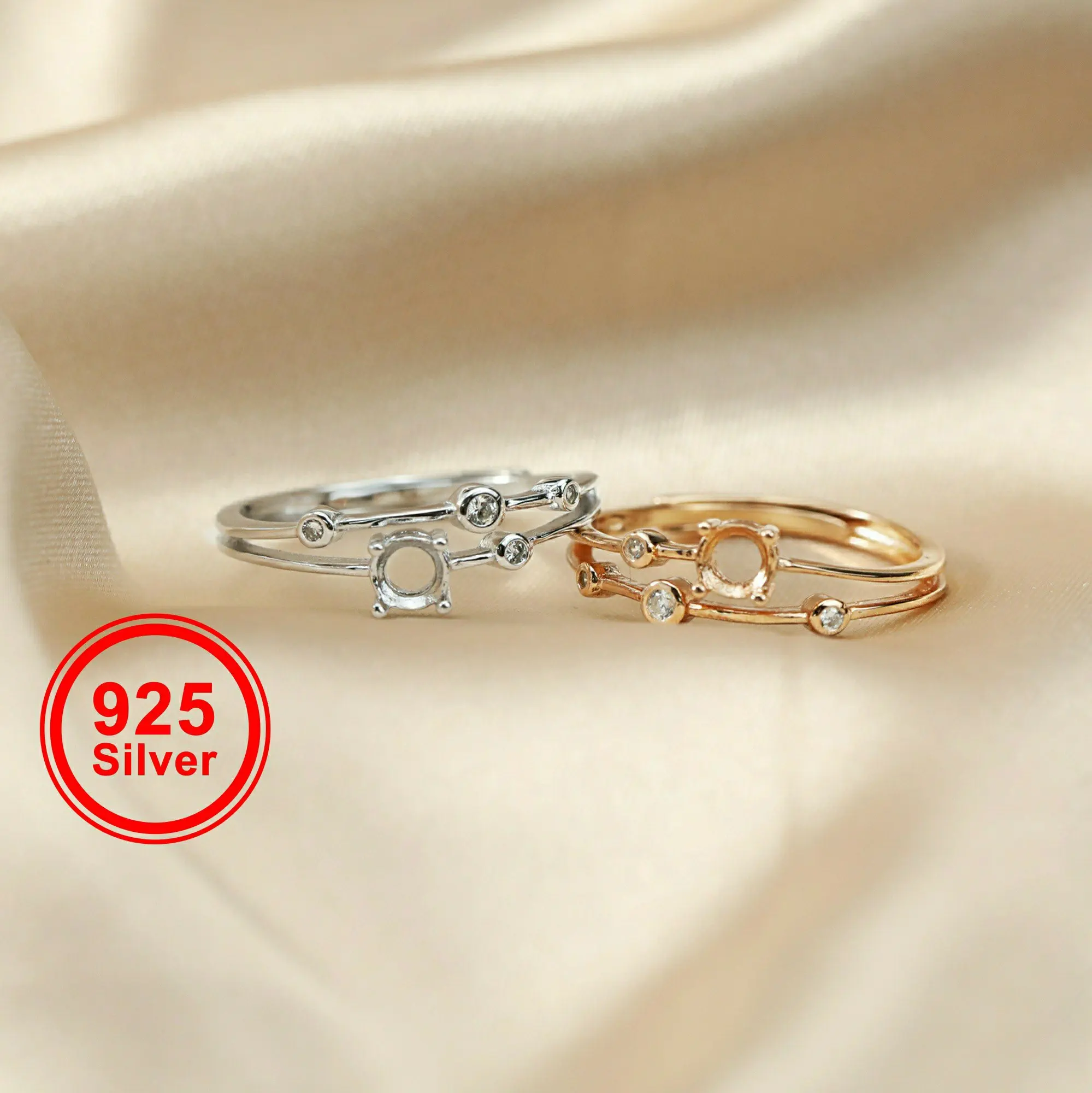 

4MM round prong setting Gems CZ stone prong setting 925 sterling silver bezel tray DIY adjustable ring settings 1212045