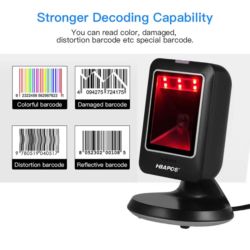 HBAPOS Barcode Reader Omnidirectional 1D 2D Desktop Barcode Scanner Automatic Hands-Free Data Matrix QR Code Reader Screen Scan