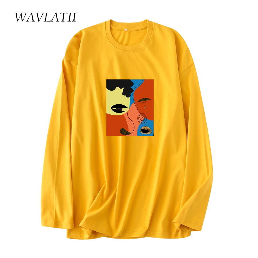 WAVLATII New Women Fashion Orange Long Sleeve T-shirts Female 100% Cotton Casual Spring Tees Lady O-neck Autumn Tops WLT2127