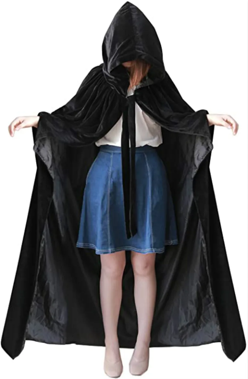

Черная накидка с капюшоном и отверстиями для рук, бархатный Атласный халат, кардиган, плащи на Хэллоуин, средневековый костюм, косплей