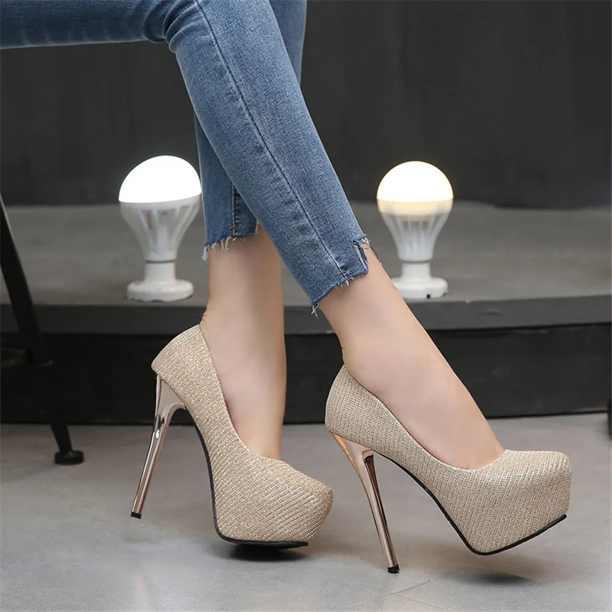 Silver Metal Heel Platform Pumps Women Shallow Sexy Sequined Cloth Super High Heels 14CM Round Toe Ladies Party Prom Shoes 2024