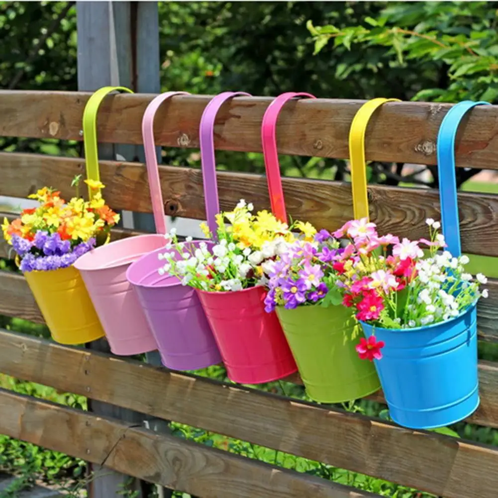 Wall Hanging Flower Pots Metal Fence Hanging Plant Pots Iron Garden Planter Pots Tin Bucket Holder Basket Home Garden