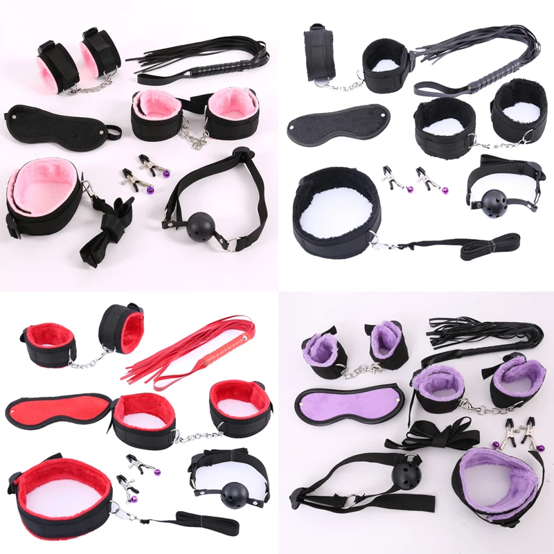 

7 pcs Nylon & Plush 4Color Erotic Sex Toys Adults Handcuffs Whip Mouth Gag Mask for Couple Gay Slave Bdsm Bondages Set