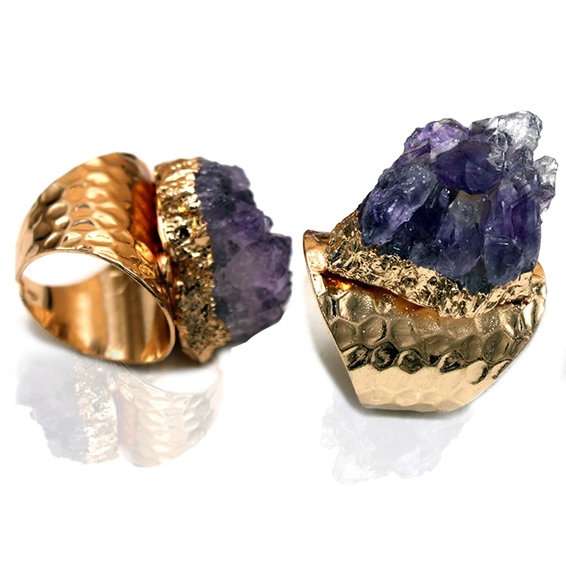 Irregular Rough Amethyst Stone Ring for Women Purple Crystal Cluster Gemstones Jewelry Open Finger Jewelry