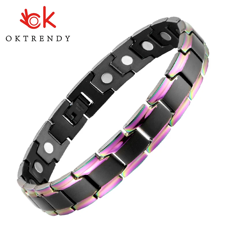 OKtrendy Black Stainless Steel Link Chain Charm Bracelet Magnetic Germanium Wrist Band Magnet Hologram Bangle Dropship