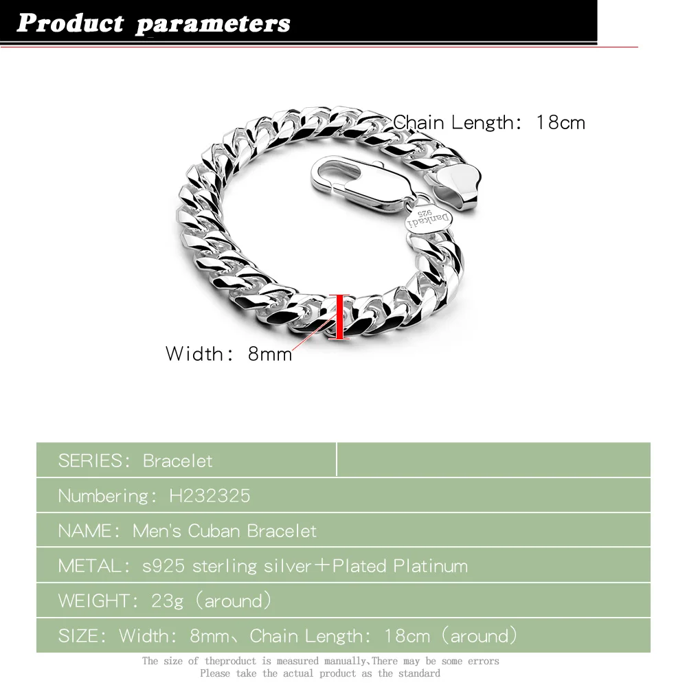 Fashion Men Punk Jewelry 100% 925 Sterling silver Bracelet Male Thick Cuban link chain 8-10 MM 7-9 inches Bracelet Bangle