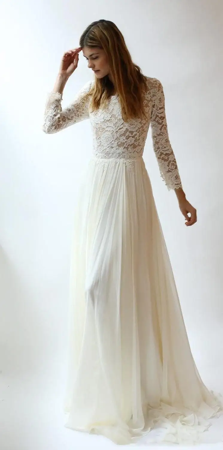 Ivory A Line Lace Chiffon Wedding Dresses With Illusion Long Sleeve Floor Length Beach Bridal Gown 2020