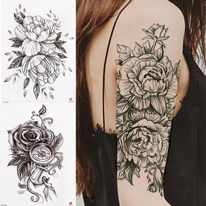 1pcs Waterproof Temporary Tattoo Stickers Black Roses Flower Design Arm Body Art 3D Transfer Fake Tattoo for Women Girl