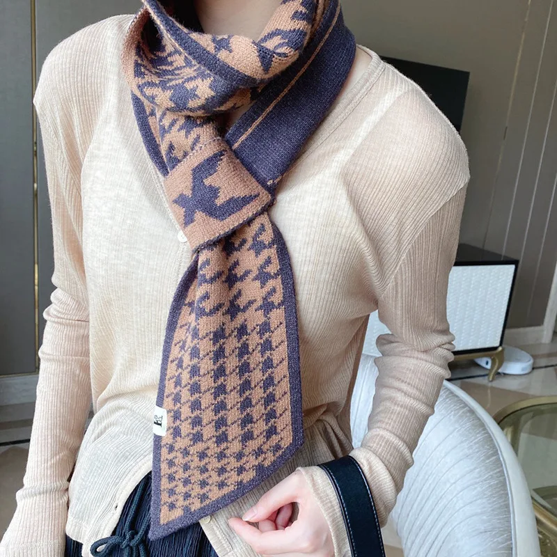 Houndstooth 2021 New Plaid Luxury Brand Knitted Scarf Scarf Women Winter Scarf Long Skinny Small Scarf Female Neckerchief Scarf