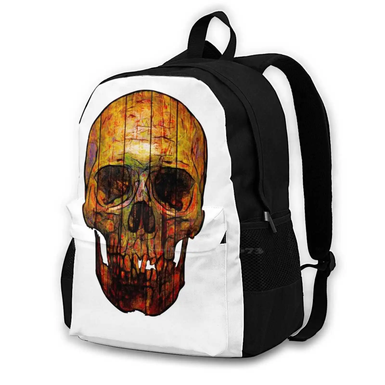 Wooden Top School Bags Travel Laptop Backpack Skull Skeleton Gold Golden Head Death Cranium Mortality Bony Spooky Halloween