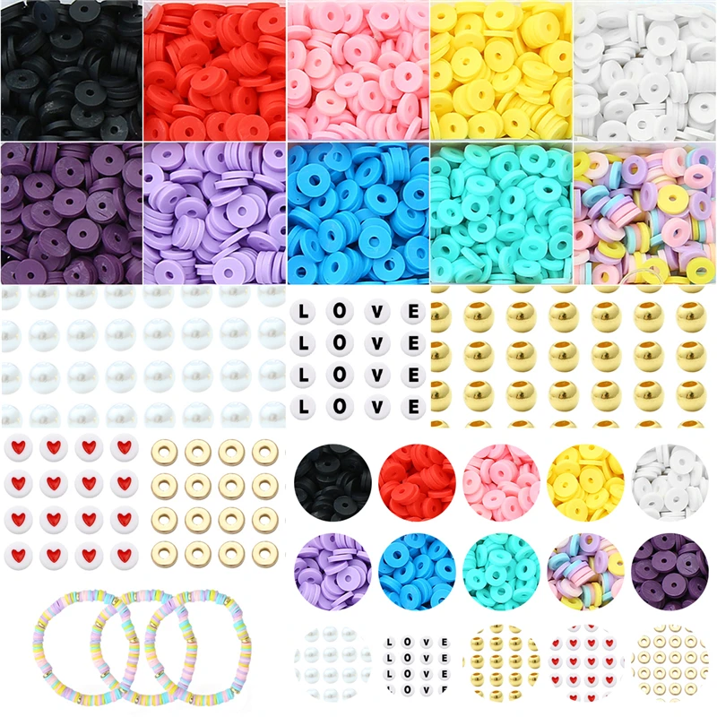 

DIY Letter Bracelet Set Jewelry Making Kit 4/6mm Polymer Clay Beads Natural Shell Alphabet Heart Beads Elastic String Box