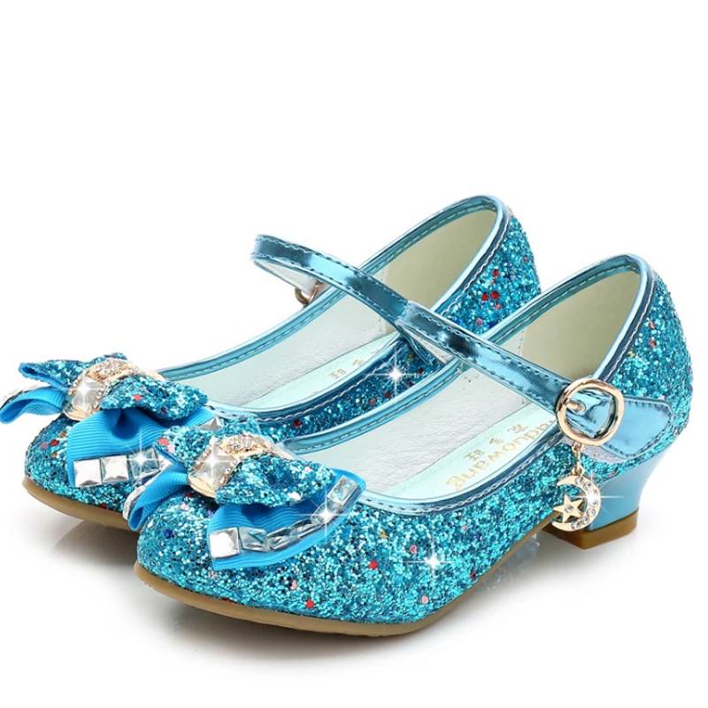 Princess Kids Leather Shoes for Girls Flower Casual Glitter Children High Heel 2020 Girls Shoes Butterfly Knot Blue Pink Silver