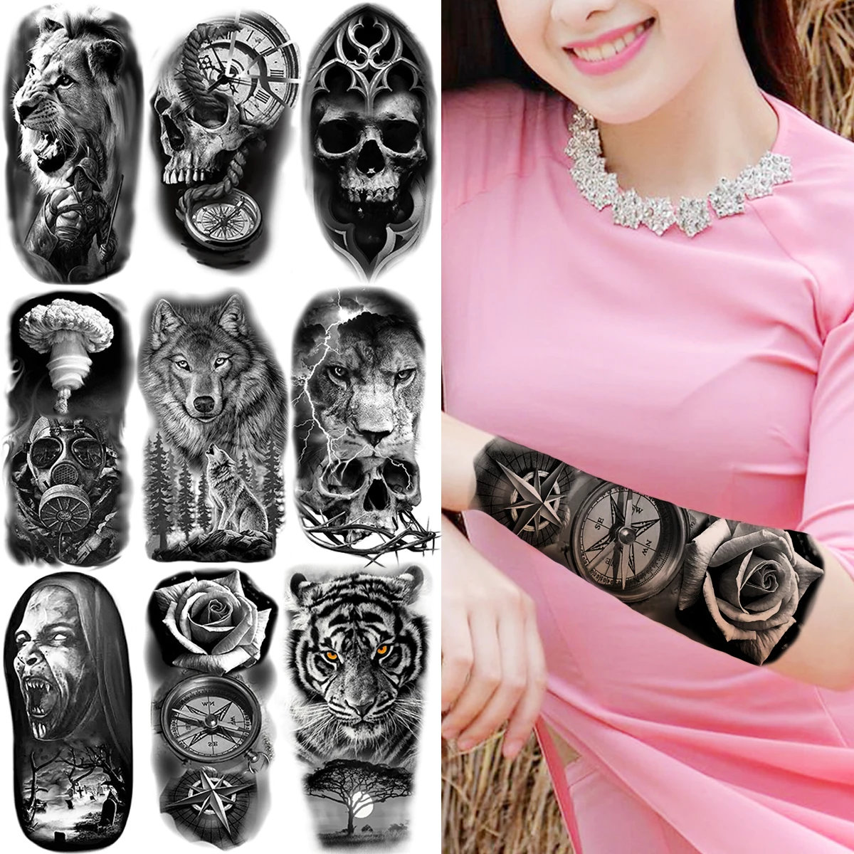 Compass Flower Temporary Tattoos For Women Adults Lion Mask Wolf Vampire Tiger Scary Fake Tattoo Sticker Sexy Arm Body Tatoos 3D