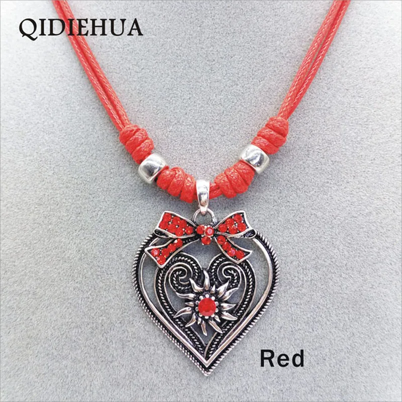 Fashion Heart Bow Pednant Necklace Women Traditional Color Edelweiss Necklace Oktoberfest Party Leather Rope Choker Gift Jewelry