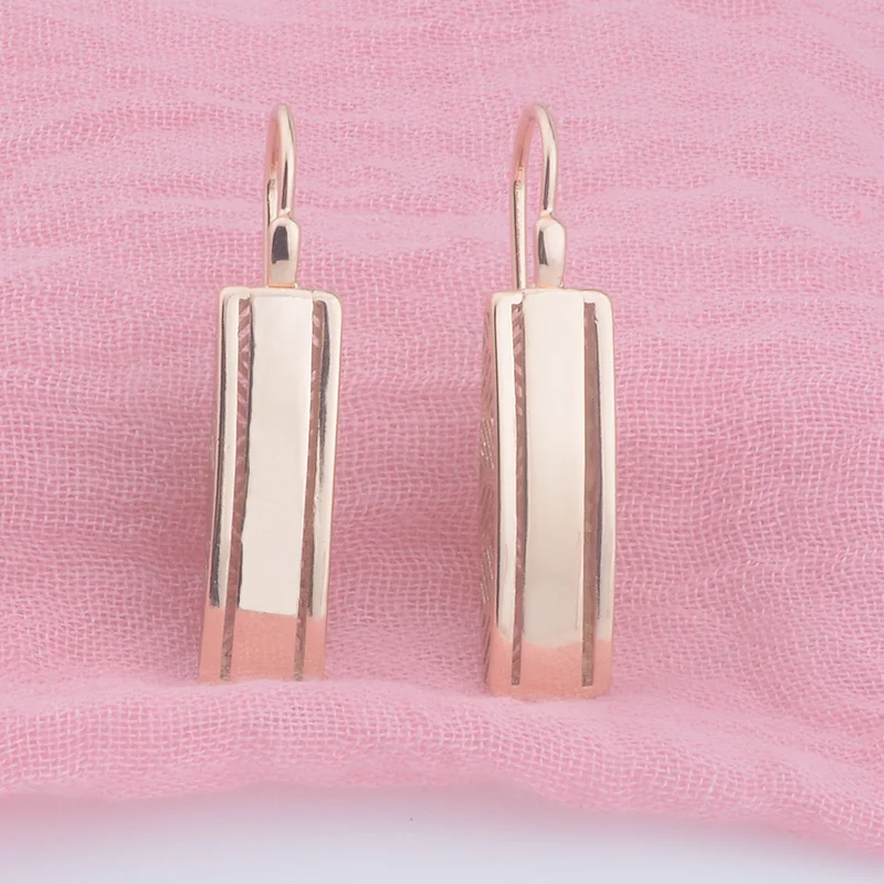 FJ 8mm Fish Hook Women 585 Rose Gold Color Smooth Two Line Earrings Jewelry