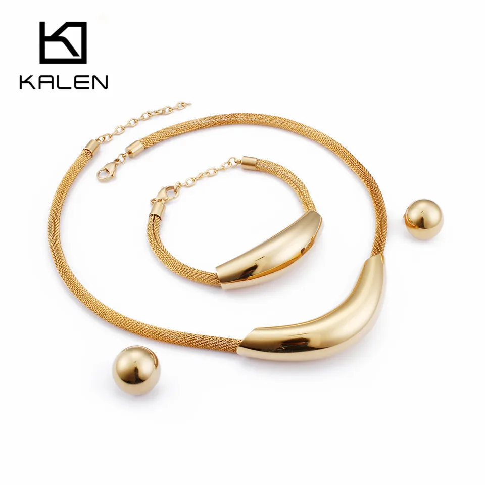 KALEN Bohemia Plastic Pearl Jewelry Set For Women Stainless Steel Plastic Twisted Chain Choker Necklace Bracelet Earrings Set