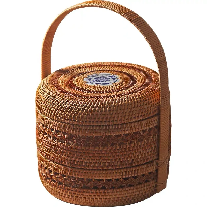 Vietnam Rattan weaving Pu 'er tea box organizer tea cake dessert double layer storage basket tea storage box caddy cans canister