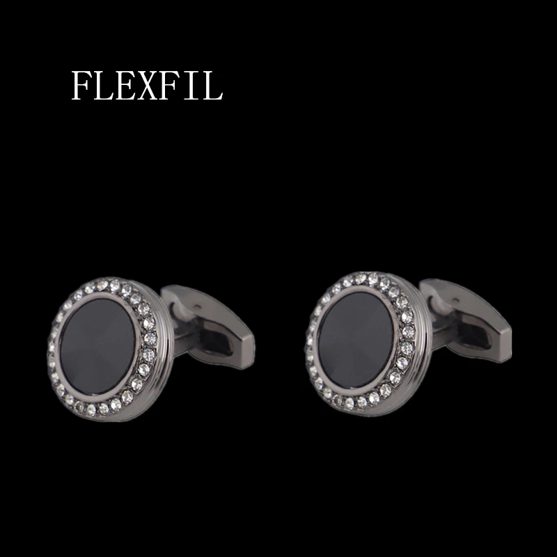 FLEXFIL Luxury shirt cufflinks for men's Brand cuff buttons cuff links gemelos High Quality round wedding Black crystal  Jewelry