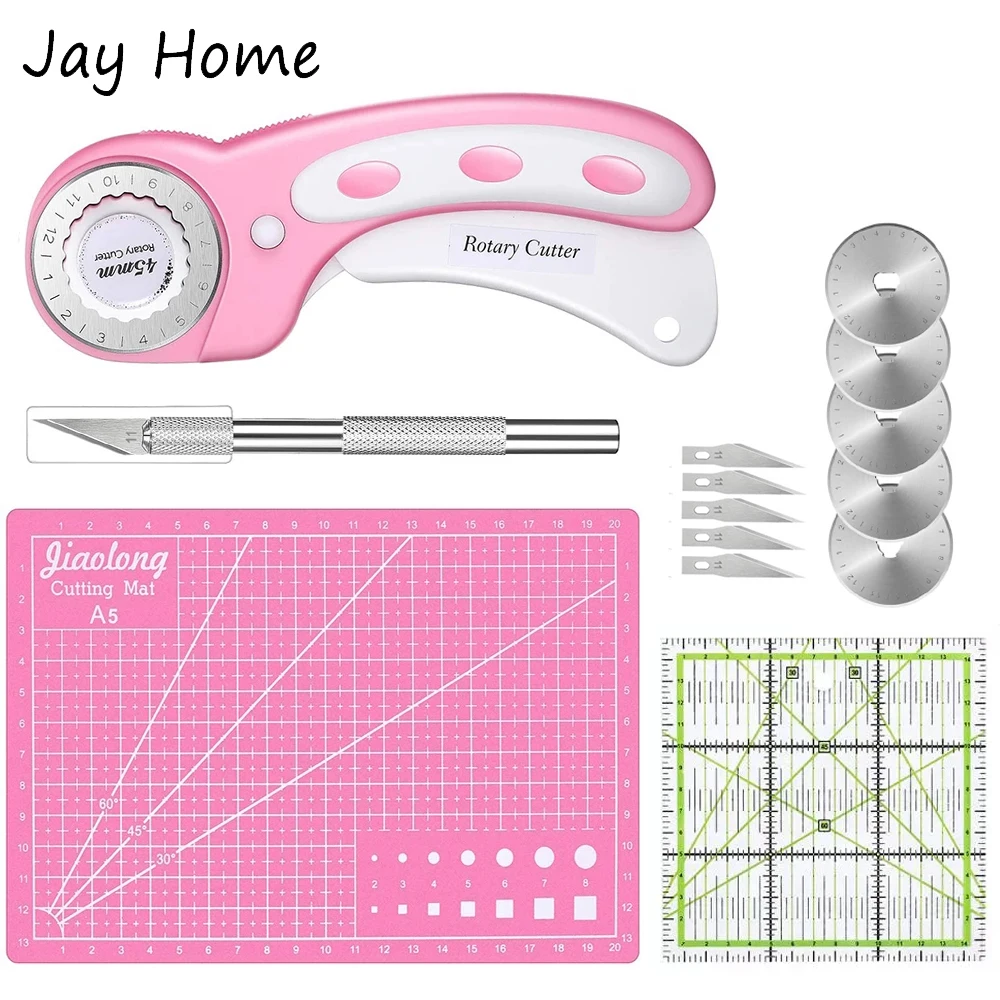 5Pcs Rotary Cutter Set Quilting Kit 45mm Fabric Cutter & 5 Replacement Blades & Cutting Mat & Acrylic Ruler for Sewing Craft